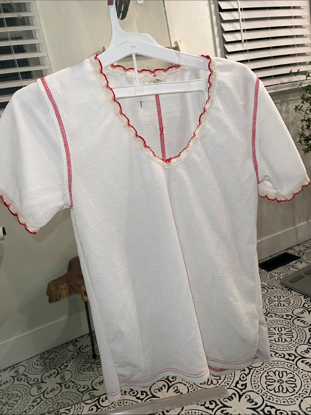 White womens Short-Sleeve Top with Red Trim